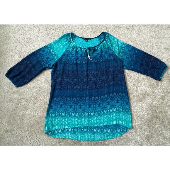 Zac & Rachel Stretch Knit Blue Green Ombre Tunic Blouse Dipped Hem Size Medium - Picture 1 of 10
